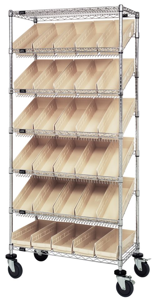 The Quantum Bin Systems Unit, 36L x 18W x 80H, features five rows of slanted wire shelves with ivory bins for easy access. It includes four posts, two flat wire shelves, and four swivel casters (two with brakes) for mobility. Chrome plated and ideal for dry storage applications.