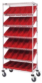 The Quantum Bin Systems mobile shelving unit, measuring 36L x 18W x 80H, features (5) slanted wire shelves with (30) red bins and (2) flat shelves. Equipped with (4) posts and swivel casters, it has a chrome-plated finish perfect for efficient dry storage and organization of small items.