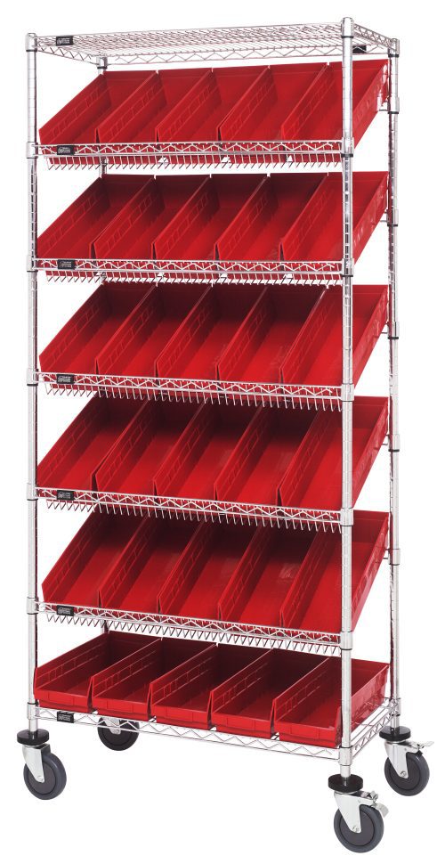 The Quantum Bin Systems mobile shelving unit, measuring 36L x 18W x 80H, features (5) slanted wire shelves with (30) red bins and (2) flat shelves. Equipped with (4) posts and swivel casters, it has a chrome-plated finish perfect for efficient dry storage and organization of small items.