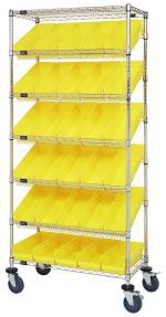 The Quantum Bin Systems Unit is a mobile metal shelving unit with chrome plating, measuring 36L x 18W x 80H. It includes (4) posts, (2) flat wire shelves, and (5) slanted wire shelves with three divided sections per tier for organizing small items. It features 30 yellow bins and caster wheels for easy mobility.
