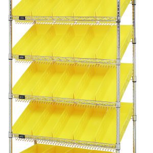 The Quantum Bin Systems Unit is a mobile metal shelving unit with chrome plating, measuring 36L x 18W x 80H. It includes (4) posts, (2) flat wire shelves, and (5) slanted wire shelves with three divided sections per tier for organizing small items. It features 30 yellow bins and caster wheels for easy mobility.
