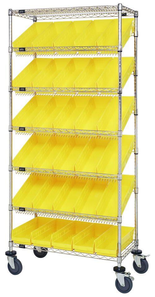 The Quantum Bin Systems Unit is a mobile metal shelving unit with chrome plating, measuring 36L x 18W x 80H. It includes (4) posts, (2) flat wire shelves, and (5) slanted wire shelves with three divided sections per tier for organizing small items. It features 30 yellow bins and caster wheels for easy mobility.