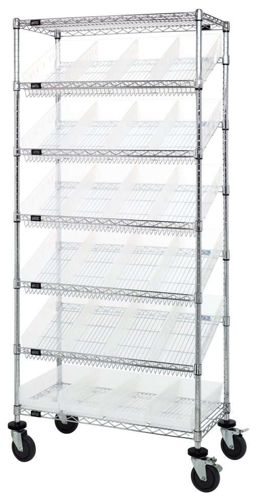 MWRS-7 108 Clear 1 The Quantum Bin Systems Unit is a sleek, mobile shelving unit with a chrome-plated finish. It includes two flat wire shelves, five slanted shelves, 24 clear bins with vertical dividers, and four 5 swivel casters (two with brakes). Its dimensions are 36W X 18D X 74H and its NSF certified.