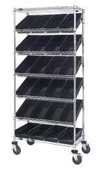 The Quantum Bin Systems Unit features a mobile design measuring 36L x 18W x 80H, with four posts, two flat wire shelves, five slanted wire shelves, and twenty-four black bins. Equipped with swivel casters for easy movement and efficient organization in dry storage areas.