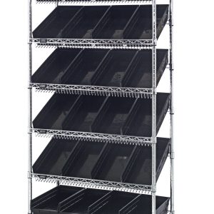 The Quantum Bin Systems Unit features a mobile design measuring 36L x 18W x 80H, with four posts, two flat wire shelves, five slanted wire shelves, and twenty-four black bins. Equipped with swivel casters for easy movement and efficient organization in dry storage areas.