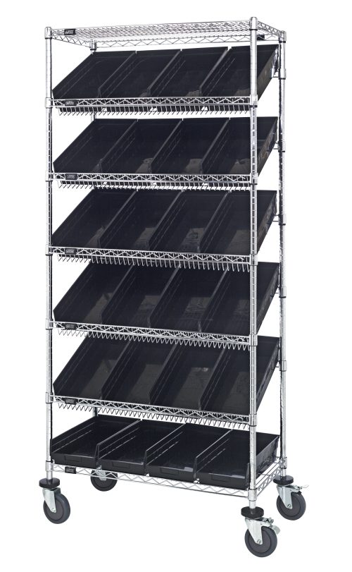 The Quantum Bin Systems Unit features a mobile design measuring 36L x 18W x 80H, with four posts, two flat wire shelves, five slanted wire shelves, and twenty-four black bins. Equipped with swivel casters for easy movement and efficient organization in dry storage areas.