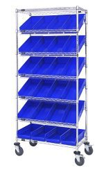 The Quantum Bin Systems Unit is a mobile storage rack, 36L x 18W x 80H, with chrome finish. It includes (4) posts, (2) flat shelves, and (5) slanted shelves with (24) blue bins. The unit moves on (4) 5 swivel polyurethane casters, ideal for organizing dry materials efficiently.