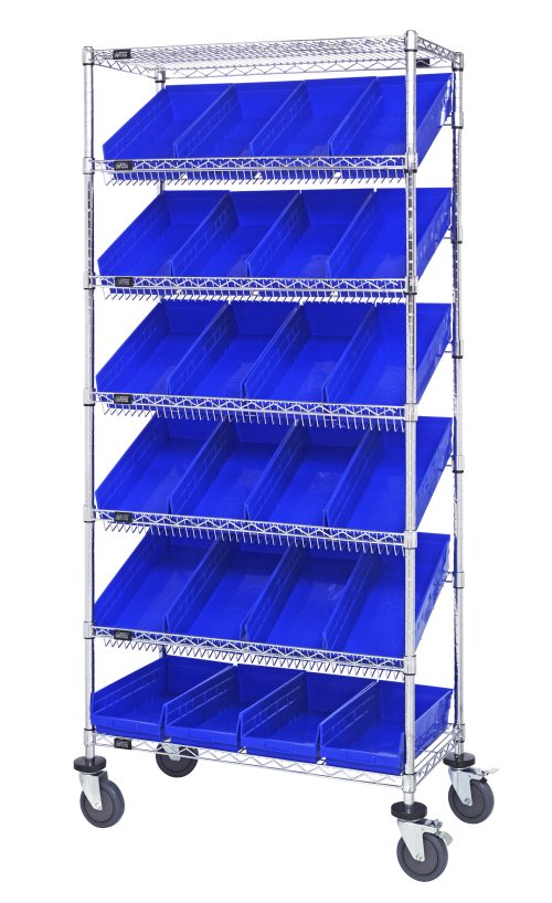 The Quantum Bin Systems Unit is a mobile storage rack, 36L x 18W x 80H, with chrome finish. It includes (4) posts, (2) flat shelves, and (5) slanted shelves with (24) blue bins. The unit moves on (4) 5 swivel polyurethane casters, ideal for organizing dry materials efficiently.