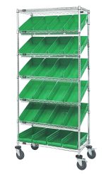 The Quantum Bin Systems Unit measures 36L x 18W x 80H, featuring two flat wire shelves and five slanted ones, along with 24 green bins. Mounted on four swivel casters (two with brakes), this chrome-plated rack offers mobility for dry storage applications.