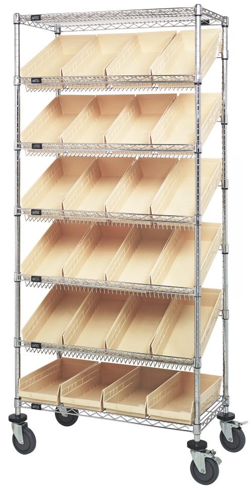 The Quantum Bin Systems Unit, measuring 36L x 18W x 80H, includes four posts and offers two flat wire shelves alongside five slanted ones. It comes with twenty-four ivory bins (17-7/8L x 8-3/8W x 4H) and four swivel casters (two with brakes), making it ideal for organizing items in dry storage.