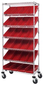 The Quantum Bin Systems Unit features a mobile 36L x 18W x 80H structure with (2) flat and (5) slanted wire shelves, alongside (24) red bins and (4) swivel casters for easy mobility. Its chrome finish is ideal for dry storage, providing efficient and organized storage solutions.
