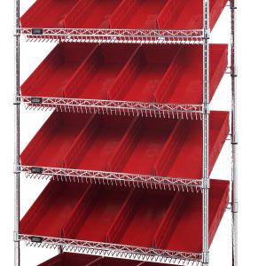 The Quantum Bin Systems Unit features a mobile 36L x 18W x 80H structure with (2) flat and (5) slanted wire shelves, alongside (24) red bins and (4) swivel casters for easy mobility. Its chrome finish is ideal for dry storage, providing efficient and organized storage solutions.