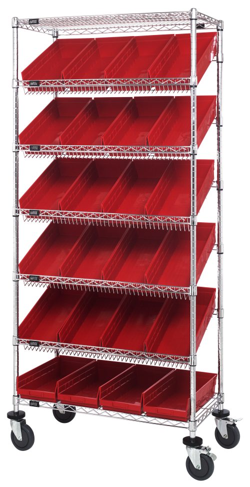 The Quantum Bin Systems Unit features a mobile 36L x 18W x 80H structure with (2) flat and (5) slanted wire shelves, alongside (24) red bins and (4) swivel casters for easy mobility. Its chrome finish is ideal for dry storage, providing efficient and organized storage solutions.