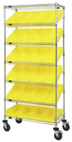 The Quantum Bin Systems mobile unit, measuring 36L x 18W x 80H, includes two flat wire shelves and five slanted wire shelves with twenty-four bright yellow bins. Its four posts rest on swivel casters for easy mobility, making it ideal for effortless space organization.