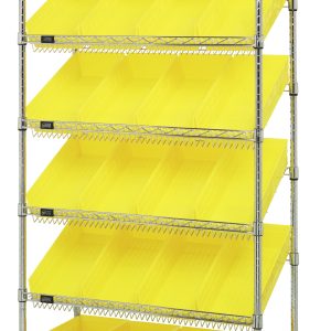 The Quantum Bin Systems mobile unit, measuring 36L x 18W x 80H, includes two flat wire shelves and five slanted wire shelves with twenty-four bright yellow bins. Its four posts rest on swivel casters for easy mobility, making it ideal for effortless space organization.