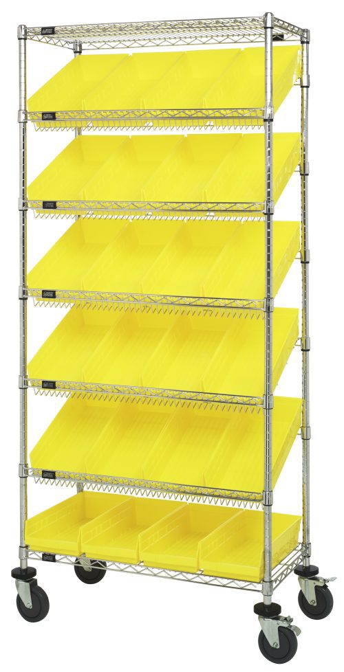 The Quantum Bin Systems mobile unit, measuring 36L x 18W x 80H, includes two flat wire shelves and five slanted wire shelves with twenty-four bright yellow bins. Its four posts rest on swivel casters for easy mobility, making it ideal for effortless space organization.