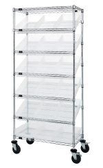 The Quantum Bin Systems Unit, measuring 36W x 18D x 74H, features a chrome-plated finish, four posts, two flat wire shelves, five slanted wire shelves, and is mobile with four 5 swivel polyurethane casters. Its equipped with 18 clear bins and offers versatility for organized storage in any space.