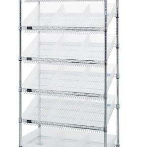 The Quantum Bin Systems Unit, measuring 36W x 18D x 74H, features a chrome-plated finish, four posts, two flat wire shelves, five slanted wire shelves, and is mobile with four 5 swivel polyurethane casters. Its equipped with 18 clear bins and offers versatility for organized storage in any space.