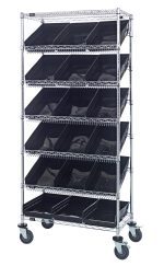 The Quantum Bin Systems Unit is a 36L x 18W x 80H chrome-plated storage rack on wheels. It includes four posts, two flat and five slanted wire shelves, eighteen black bins (QSB110), and four swivel casters for mobility (two with brakes). Its ideal for organizing or storing items in dry settings.