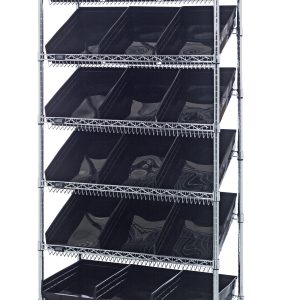 The Quantum Bin Systems Unit is a 36L x 18W x 80H chrome-plated storage rack on wheels. It includes four posts, two flat and five slanted wire shelves, eighteen black bins (QSB110), and four swivel casters for mobility (two with brakes). Its ideal for organizing or storing items in dry settings.