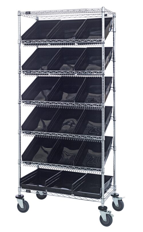 The Quantum Bin Systems Unit is a 36L x 18W x 80H chrome-plated storage rack on wheels. It includes four posts, two flat and five slanted wire shelves, eighteen black bins (QSB110), and four swivel casters for mobility (two with brakes). Its ideal for organizing or storing items in dry settings.
