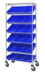 The Quantum Bin Systems Unit is a mobile shelving solution with two flat wire and five slanted wire shelves, featuring 18 blue bins for efficient organization. It measures 36L x 18W x 80H and has four swivel polyurethane casters, making it easy to transport. Ideal for dry storage applications.