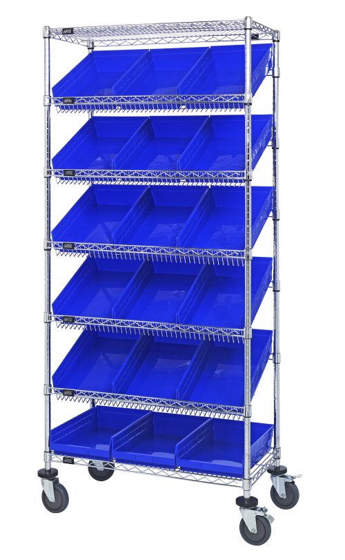 The Quantum Bin Systems Unit is a mobile shelving solution with two flat wire and five slanted wire shelves, featuring 18 blue bins for efficient organization. It measures 36L x 18W x 80H and has four swivel polyurethane casters, making it easy to transport. Ideal for dry storage applications.