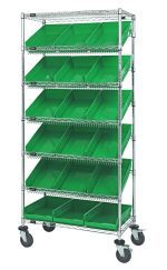 The Quantum Bin Systems Unit is mobile with five slanted wire shelves, each holding green plastic bins (18 total). It features 36L x 18W x 80H dimensions, chrome plating, and includes four posts, two flat wire shelves, and swivel casters for easy organization.