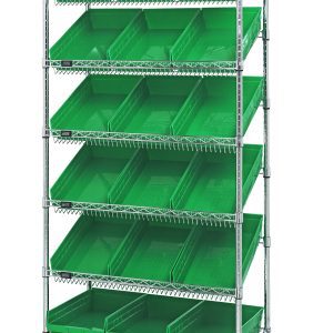 The Quantum Bin Systems Unit is mobile with five slanted wire shelves, each holding green plastic bins (18 total). It features 36L x 18W x 80H dimensions, chrome plating, and includes four posts, two flat wire shelves, and swivel casters for easy organization.