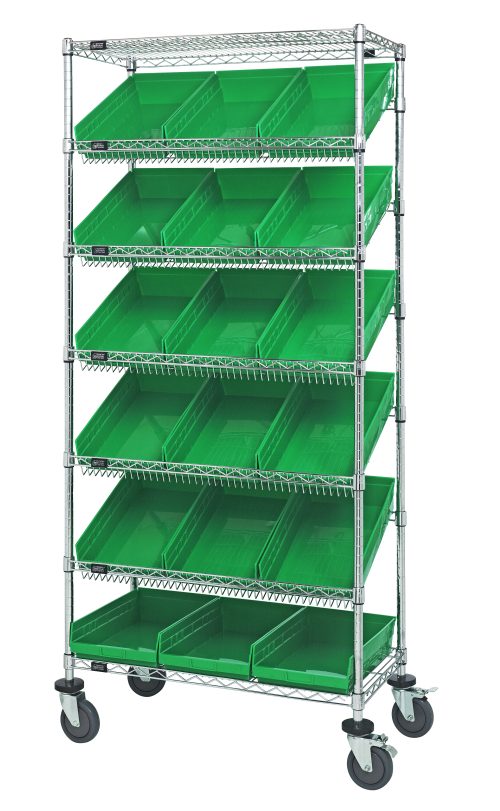 The Quantum Bin Systems Unit is mobile with five slanted wire shelves, each holding green plastic bins (18 total). It features 36L x 18W x 80H dimensions, chrome plating, and includes four posts, two flat wire shelves, and swivel casters for easy organization.