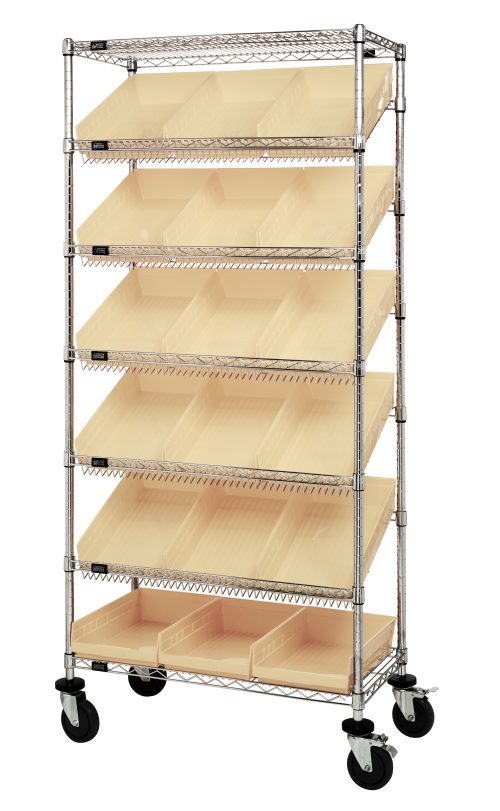 The Quantum Bin Systems Unit, 36L x 18W x 80H, features a chrome finish and is suitable for dry storage. It includes four posts, two flat wire shelves, five slanted wire shelves with dividers, and eighteen ivory bins. The unit is mobile with four 5 swivel polyurethane casters (two with brakes).