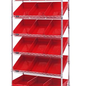 The Quantum Bin Systems Unit is a mobile rack measuring 36L x 18W x 80H, featuring two flat and five slanted wire shelves. It includes eighteen red plastic bins and four 5 swivel polyurethane caster wheels, two with brakes for easy maneuverability, suitable for dry storage.