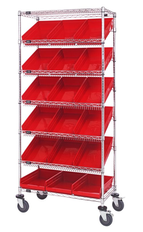 The Quantum Bin Systems Unit is a mobile rack measuring 36L x 18W x 80H, featuring two flat and five slanted wire shelves. It includes eighteen red plastic bins and four 5 swivel polyurethane caster wheels, two with brakes for easy maneuverability, suitable for dry storage.