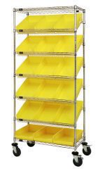 The Quantum Bin Systems unit, measuring 36L x 18W x 80H, includes four posts, two flat wire shelves, five slanted wire shelves with eighteen yellow bins (17-7/8L x 11-1/8W x 4H), and four swivel polyurethane casters (two with brakes). It features a chrome-plated finish and is ideal for dry storage.