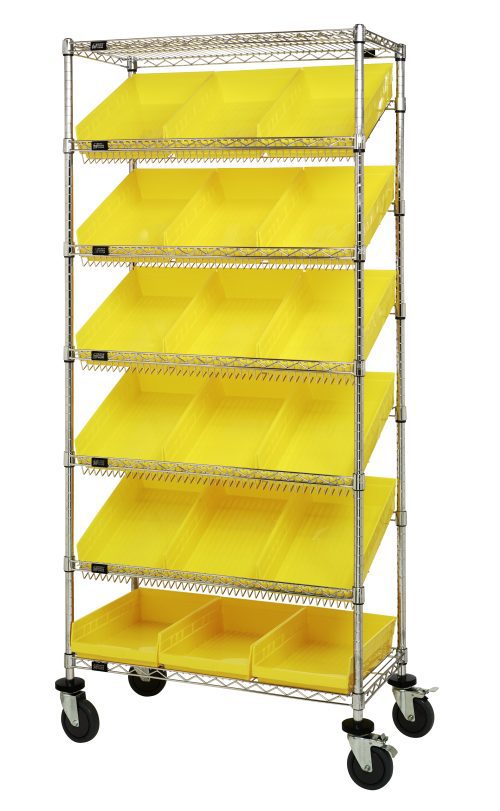 The Quantum Bin Systems unit, measuring 36L x 18W x 80H, includes four posts, two flat wire shelves, five slanted wire shelves with eighteen yellow bins (17-7/8L x 11-1/8W x 4H), and four swivel polyurethane casters (two with brakes). It features a chrome-plated finish and is ideal for dry storage.