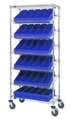 The Quantum Bin Systems Unit, measuring 36L x 18W x 80H, includes four posts, two flat wire shelves, five slanted wire shelves, and thirty blue bins. Equipped with swivel casters for mobility and a chrome-plated finish, its ideal for efficient item organization in dry storage environments.
