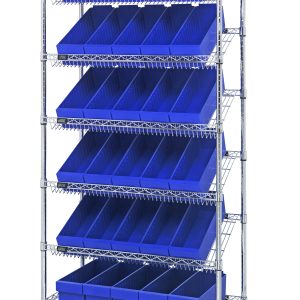 The Quantum Bin Systems Unit, measuring 36L x 18W x 80H, includes four posts, two flat wire shelves, five slanted wire shelves, and thirty blue bins. Equipped with swivel casters for mobility and a chrome-plated finish, its ideal for efficient item organization in dry storage environments.