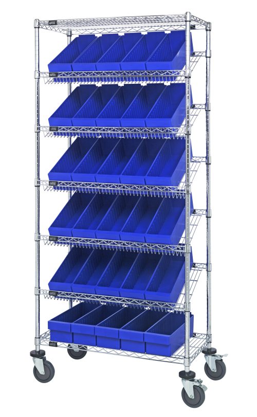 MWRS-7 602 Blue The Quantum Bin Systems Unit, measuring 36L x 18W x 80H, includes four posts, two flat wire shelves, five slanted wire shelves, and thirty blue bins. Equipped with swivel casters for mobility and a chrome-plated finish, its ideal for efficient item organization in dry storage environments.