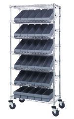 The Quantum Bin Systems Mobile Unit (36L x 18W x 80H) offers four posts, five slanted wire shelves, two flat wire shelves, and 30 gray storage bins. It glides smoothly on four swivel casters (two with brakes). Chrome-plated for dry storage applications. Ships knockdown.