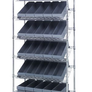 The Quantum Bin Systems Mobile Unit (36L x 18W x 80H) offers four posts, five slanted wire shelves, two flat wire shelves, and 30 gray storage bins. It glides smoothly on four swivel casters (two with brakes). Chrome-plated for dry storage applications. Ships knockdown.