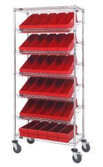 The Quantum Bin Systems Unit, 36L x 18W x 80H, with a chrome finish, includes (5) slanted wire shelves and (30) red bins. It has (4) swivel polyurethane casters for easy mobility and features open-topped bins for organization and accessibility.