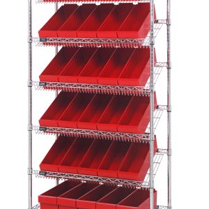 The Quantum Bin Systems Unit, 36L x 18W x 80H, with a chrome finish, includes (5) slanted wire shelves and (30) red bins. It has (4) swivel polyurethane casters for easy mobility and features open-topped bins for organization and accessibility.
