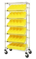The Quantum Bin Systems Unit is a mobile metal storage rack with a chrome-plated finish, featuring two flat and five slanted wire shelves with 30 yellow bins. Measuring 36L x 18W x 80H, it includes four swivel polyurethane casters and is ideal for organizing small items in dry storage.