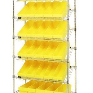 The Quantum Bin Systems Unit is a mobile metal storage rack with a chrome-plated finish, featuring two flat and five slanted wire shelves with 30 yellow bins. Measuring 36L x 18W x 80H, it includes four swivel polyurethane casters and is ideal for organizing small items in dry storage.