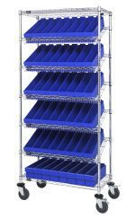 The Quantum Bin Systems Unit is a mobile, chrome-plated storage rack measuring 36L x 18W x 80H. It includes (4) posts, (2) flat wire shelves, (5) slanted wire shelves, and (48) blue bins. The unit has (4) swivel casters for easy mobility and is suitable for dry storage applications.
