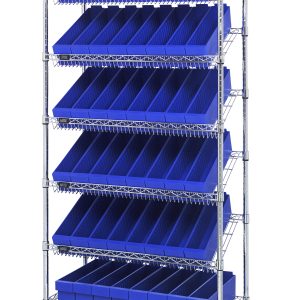 The Quantum Bin Systems Unit is a mobile, chrome-plated storage rack measuring 36L x 18W x 80H. It includes (4) posts, (2) flat wire shelves, (5) slanted wire shelves, and (48) blue bins. The unit has (4) swivel casters for easy mobility and is suitable for dry storage applications.