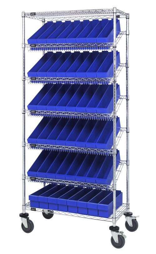 The Quantum Bin Systems Unit is a mobile, chrome-plated storage rack measuring 36L x 18W x 80H. It includes (4) posts, (2) flat wire shelves, (5) slanted wire shelves, and (48) blue bins. The unit has (4) swivel casters for easy mobility and is suitable for dry storage applications.