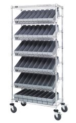 The Quantum Bin Systems Unit, measuring 36L x 18W x 80H, includes (4) posts, (2) flat wire shelves, and (5) slanted wire shelves holding 48 gray bins. It features black swivel casters with brakes for mobility and a chrome finish suitable for dry storage.