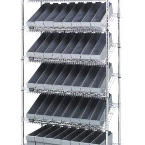 The Quantum Bin Systems Unit, measuring 36L x 18W x 80H, includes (4) posts, (2) flat wire shelves, and (5) slanted wire shelves holding 48 gray bins. It features black swivel casters with brakes for mobility and a chrome finish suitable for dry storage.