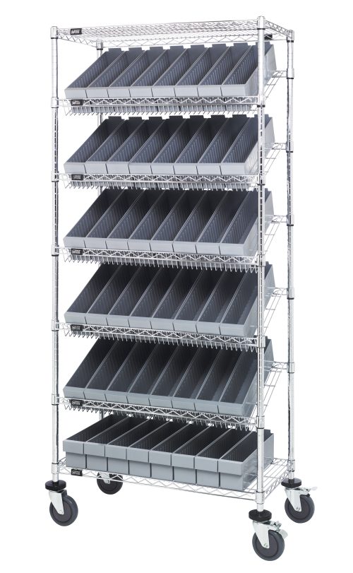 The Quantum Bin Systems Unit, measuring 36L x 18W x 80H, includes (4) posts, (2) flat wire shelves, and (5) slanted wire shelves holding 48 gray bins. It features black swivel casters with brakes for mobility and a chrome finish suitable for dry storage.